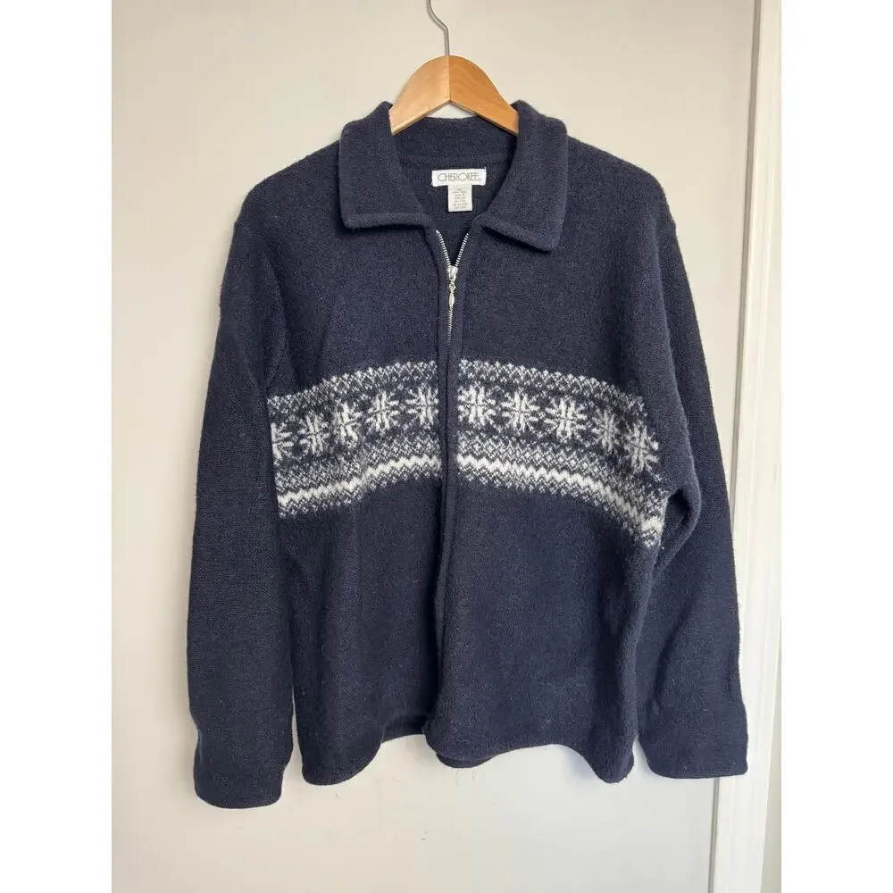 Vintage Cherokee 100% Wool Fair Isle Full Zip Classic Men’s Size XL Dark Navy